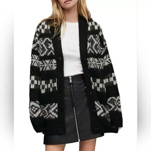 All Saints Women Tora Cardigan Black White Wool Blend Long Sleeve Oversized Sz L